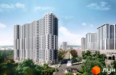 Зовнішній вигляд житлового комплексу Авеню 42 з високими будинками та зеленою прибудинковою територією. Фото новобудови з вулицею та в'їздом.