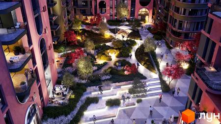 Житловий комплекс Respublika: будинки з рожевими фасадами та округлими балконами, внутрішній двір з ландшафтним парком та освітленими доріжками.