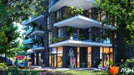 Багатоповерховий будинок Житлового комплексу Artynov Hall з темним фасадом, великими вікнами та балконами. Прибудинкова територія має зелені насадження та кав'ярню на першому поверсі.