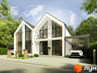 Котеджне містечко КМ Gardd House Eco Village. Сучасний двоповерховий будинок з великими вікнами, балконом та навісом для автомобіля на прибудинковій території.