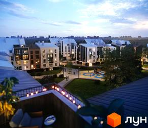 Житловий комплекс City Lake: будинки з білими та цегляними фасадами, освітлені вікна. Прибудинкова територія з пішохідними доріжками, газонами та дитячим майданчиком.