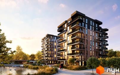 Житловий комплекс Dream Lake з цегляним фасадом, балконами та зеленими деревами біля озера. Сучасна архітектура та доглянута територія біля води.