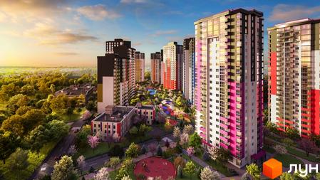 Житловий комплекс Сирецькі сади. Багатоповерхові будинки з яскравим фасадом та великою кількістю скління. На прибудинковій території зелені насадження та дитячі майданчики.