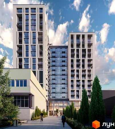 Апарт-комплекс WELL towers з білими фасадами та великою кількістю скління. Поруч доглянута прибудинкова територія з деревами та пішохідною доріжкою.