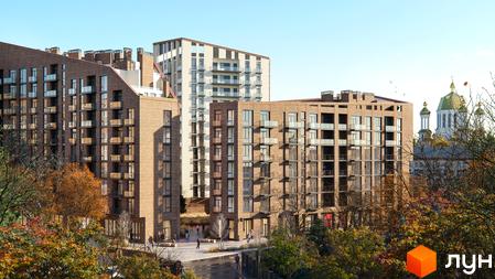 Pokrovsky Apart Complex – це житловий комплекс з цегляними фасадами та балконами, розташований поруч з парковою зоною та церквою.