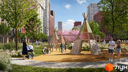 Житловий комплекс Svitlo Park: дитячий майданчик з будиночками-вігвамами та зонами відпочинку. Навколо зелені насадження та багатоповерхові будинки.