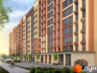 Житловий комплекс Одеська Чайка (Сахарова). Багатоповерховий будинок з фасадом з цегли та панорамними вікнами. На передньому плані парковка та зелені насадження.