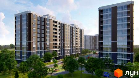 Новобудова Амстердам: багатоповерхові будинки з коричневими та бежевими фасадами, великими вікнами. Прибудинкова територія з деревами та дитячими майданчиками.