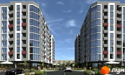 Зображення фасаду та прибудинкової території Житлового комплексу Onix. Багатоповерхові будинки з великими вікнами та балконами.