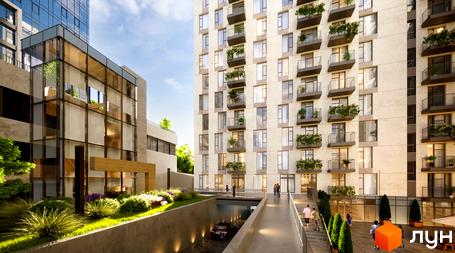 Житловий комплекс Neboshill: багатоповерховий будинок з балконами та скляний центр. Прибудинкова територія має зелені насадження та підземний паркінг.