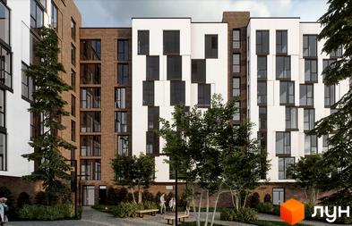 Житловий комплекс Вілла Зубра з цегляним та білим фасадом, великими вікнами та зеленою прибудинковою територією з деревами та лавками.