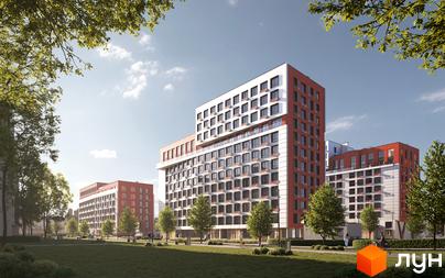 Багатоповерхові будинки HELGA з білими та теракотовими фасадами, оточені зеленим парком з доріжками.