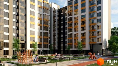 Житловий комплекс Липки 2 з яскравим фасадом та дитячим майданчиком. Сучасна архітектура та зелена прибудинкова територія.