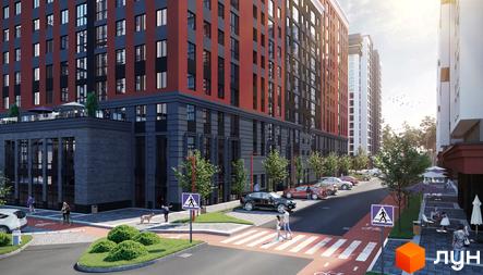Зовнішній вигляд житлового комплексу Irpin City з червоно-сірими фасадами та прибудинковою територією з пішохідними переходами та зонами відпочинку.