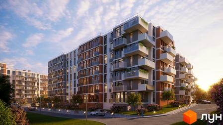 Житловий комплекс PERFECT LIFE з багатоповерховими будинками у світлих та коричневих тонах. Прибудинкова територія має доріжки, зелені насадження та освітлення.