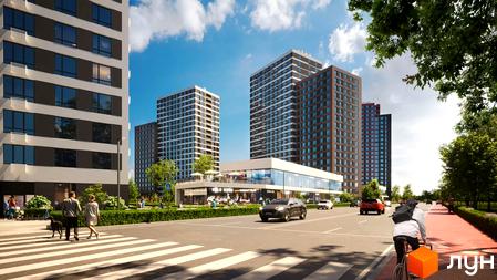 Житловий комплекс Варшавський-3: сучасні багатоповерхові будинки з панорамними вікнами та зеленою прибудинковою територією.