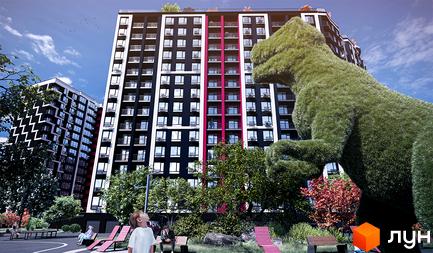 Житловий комплекс SKYGARDEN з фасадами темних кольорів та яскравими акцентами, оточений зеленою зоною з дитячим майданчиком та ландшафтним дизайном.