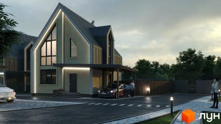 Зображення будинку в Котеджному містечку Sвій Dім з великими вікнами та прибудинковою територією з тротуарами та газонами.