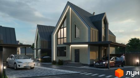 Зображення будинків Котеджного містечка Sвій Dім з великими вікнами та підсвіткою, поруч припарковані автомобілі.