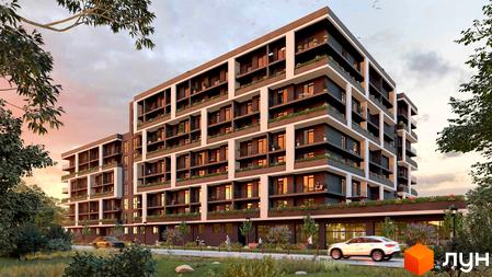 Житловий комплекс CONTINENT WEST з балконами та зеленню, що оточений деревами та дорогою з автомобілями.