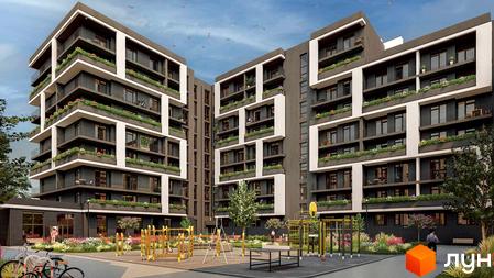 Житловий комплекс CONTINENT WEST – це багатоквартирні будинки з відкритими балконами та зеленими насадженнями, що оточені доглянутою прибудинковою територією з дитячим майданчиком.