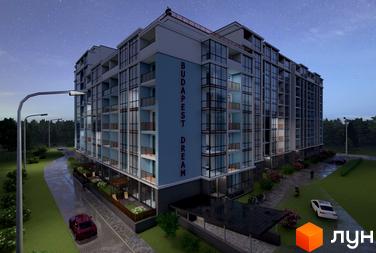 Житловий комплекс Budapest Dream з великими вікнами та балконами, розташований на території з газонами, деревами та парковкою. На фасаді будівлі напис назви комплексу.