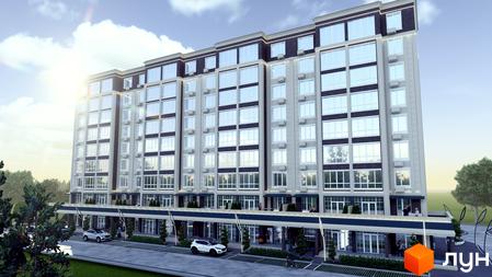 Зовнішній вигляд житлового комплексу Millennium Park з великою кількістю вікон та комерційними приміщеннями на першому поверсі. На прибудинковій території видно автомобілі та зелені насадження.