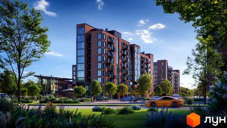 Житловий комплекс Royal Town - цегляні багатоповерхові будинки з великими вікнами та балконами. Навколо комплексу зелена зона з деревами та квітами, облаштована прибудинкова територія.