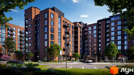 Житловий комплекс Royal Town з цегляними фасадами та балконами, зеленою прибудинковою територією та паркінгом.