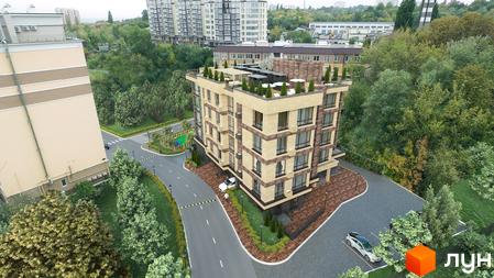 Житловий комплекс Park House Deluxe з бежевим фасадом, великими вікнами та терасою на даху. Навколо будинку є дорога, паркінг та дитячий майданчик серед зелені.