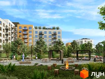 Житловий комплекс Містечко Південне: багатоповерхові будинки та облаштована прибудинкова територія з місцями для пікніків, деревами та вогнищем.