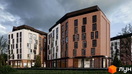 Зовнішній вигляд житлового комплексу Вілла Зубра: цегляні та білі фасади, багато вікон, комерційні приміщення на першому поверсі. Навколо зелена територія з деревами.