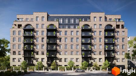 Клубний будинок LOFT EGOIST: цегляний фасад, скляні балкони з рослинами, архітектурні елементи у вигляді арок. Прибудинкова територія з деревами та лавками.