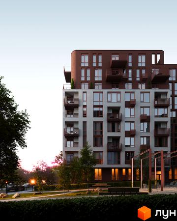 Житловий комплекс Avalon Terra: фасади будівлі з балконами та вікнами, прибудинкова територія з ландшафтним дизайном та зонами відпочинку.