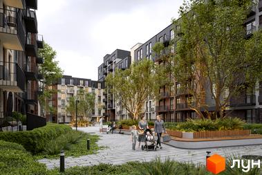 Житловий комплекс Avalon Yard з сучасними фасадами та балконами. Прибудинкова територія з зеленими насадженнями, лавками та доріжками для прогулянок.