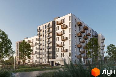 Зображення фасаду багатоповерхового будинку в Житловому комплексі Avalon Holiday з великими балконами та прибудинковою територією.