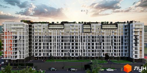 Фасад житлового комплексу SKYLINE з великою кількістю вікон та балконів, на прибудинковій території зелені насадження та зони відпочинку.