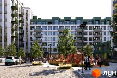 Житловий комплекс Lypynsky з фасадами світлих відтінків та зеленими балконами. На території дитячий майданчик та зона відпочинку з деревами.