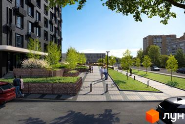 Зовнішній вигляд будинку житлового комплексу Kub29 з прибудинковою територією, що включає зелені зони, доріжки та місця для відпочинку.