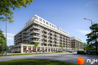 Житловий комплекс MARVEL Home з багатоповерховим будинком, балконами та магазинами на першому поверсі. Поруч дорога, тротуар та зелені дерева.