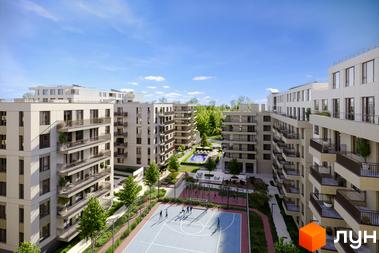 Вигляд на Житловий комплекс MARVEL Home: світлі багатоповерхові будинки з балконами, спортивний майданчик та басейн у дворі.