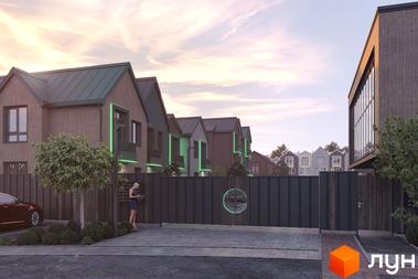 Зображення сторінки житлового комплексу. Таунхауси Sвій Dім 3 з фасадами з дерева та зеленим підсвічуванням, огороджені парканом з автоматичними воротами.