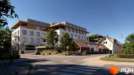 Зовнішній вигляд житлового комплексу Eco City Park з фасадом світлого кольору та дерев'яними елементами. Навколо комплексу зелені насадження та пішохідний перехід.