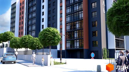 Житловий комплекс Бонвіль: фасади будівель з панорамними вікнами та цегляними вставками, зелена прибудинкова територія з деревами та пішохідними доріжками.