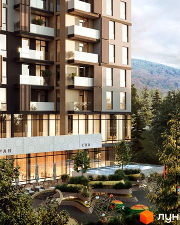 Житловий комплекс Logos Home Apartment з балконами та панорамними вікнами, поруч басейн та зелена зона відпочинку.