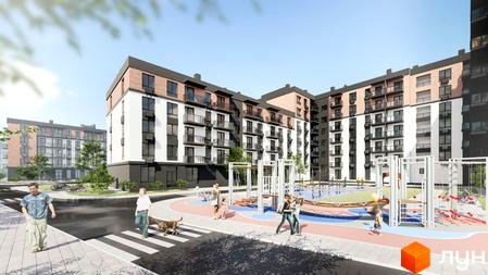 Житловий комплекс Burgundia 3 з сучасним дизайном фасаду. На прибудинковій території облаштовано дитячий майданчик та зони відпочинку для мешканців.