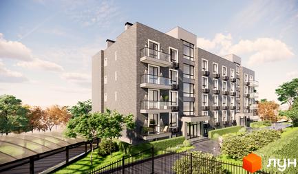 Зовнішній вигляд житлового комплексу Sovskyi Club House з сірої цегли, з балконами та великими вікнами, а також доглянута прибудинкова територія з деревами та паркуванням.