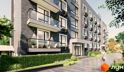 Зовнішній вигляд новобудови Sovskyi Club House з балконами та вікнами, а також прибудинкова територія з доріжками та зеленню.