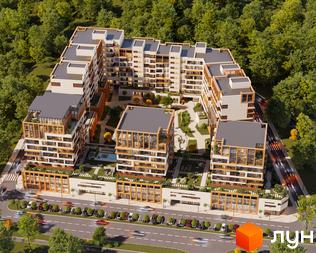 Житловий комплекс For Life: багатоповерхові будинки з білими фасадами та дерев'яними елементами, що оточують зелений внутрішній двір з доріжками та зоною відпочинку.