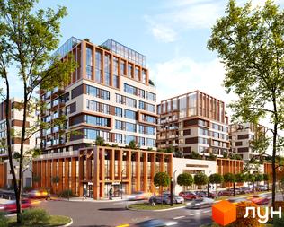 Житловий комплекс For Life: багатоповерхові будинки зі світлими фасадами, дерев'яними елементами та скляними поверхами. Навколо дорога, дерева, магазини.